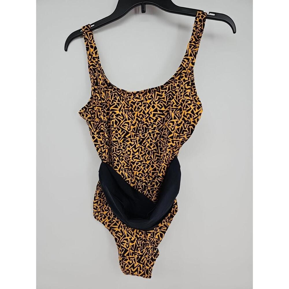 Vintage Cole of California Swimsuit 14 Geometric Orange Print w Sash‎ 80s USA